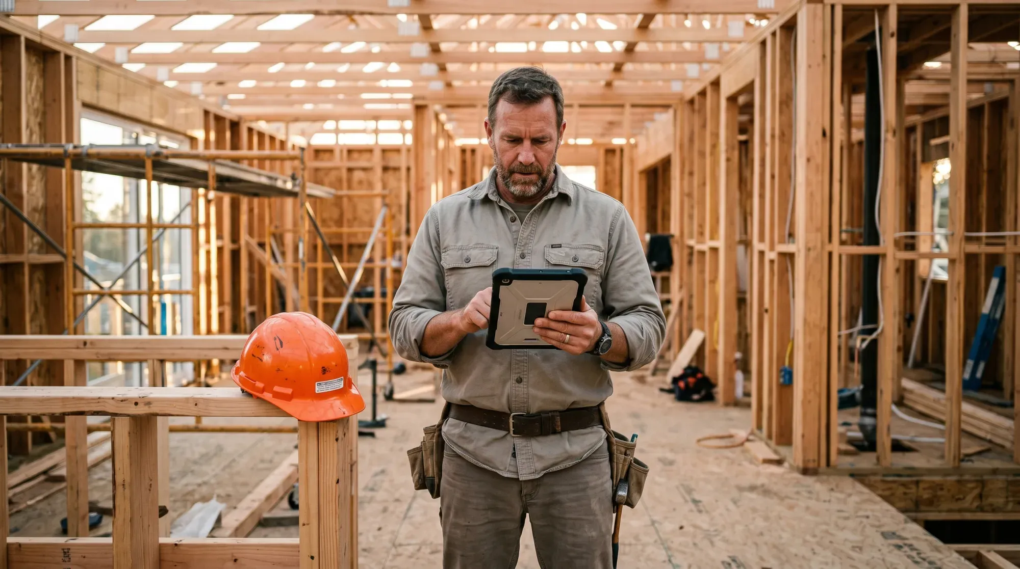 A residential home builder on a framed jobsite using the BuilderPad app on a tablet