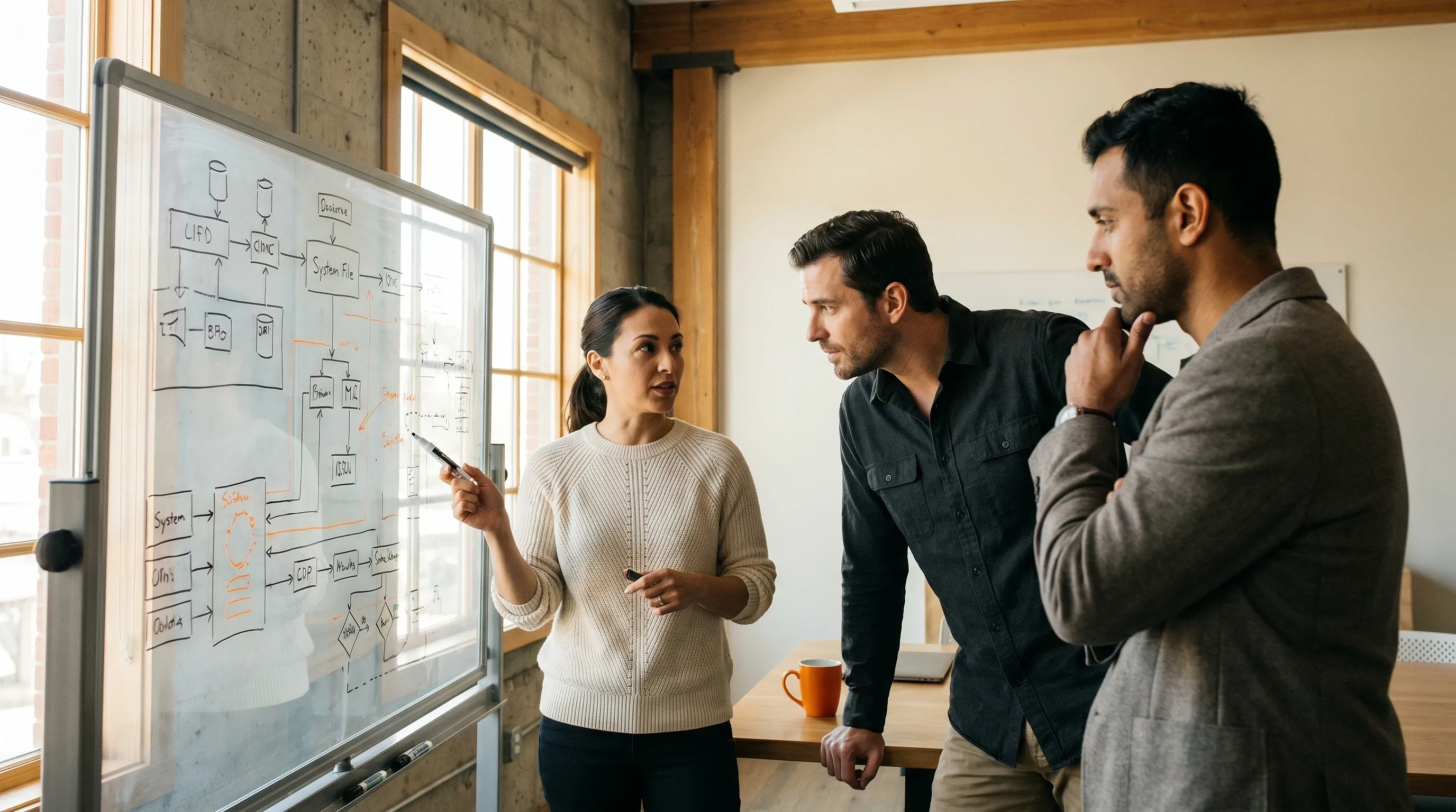 ByteTuned engineers discussing a system-architecture diagram at a whiteboard