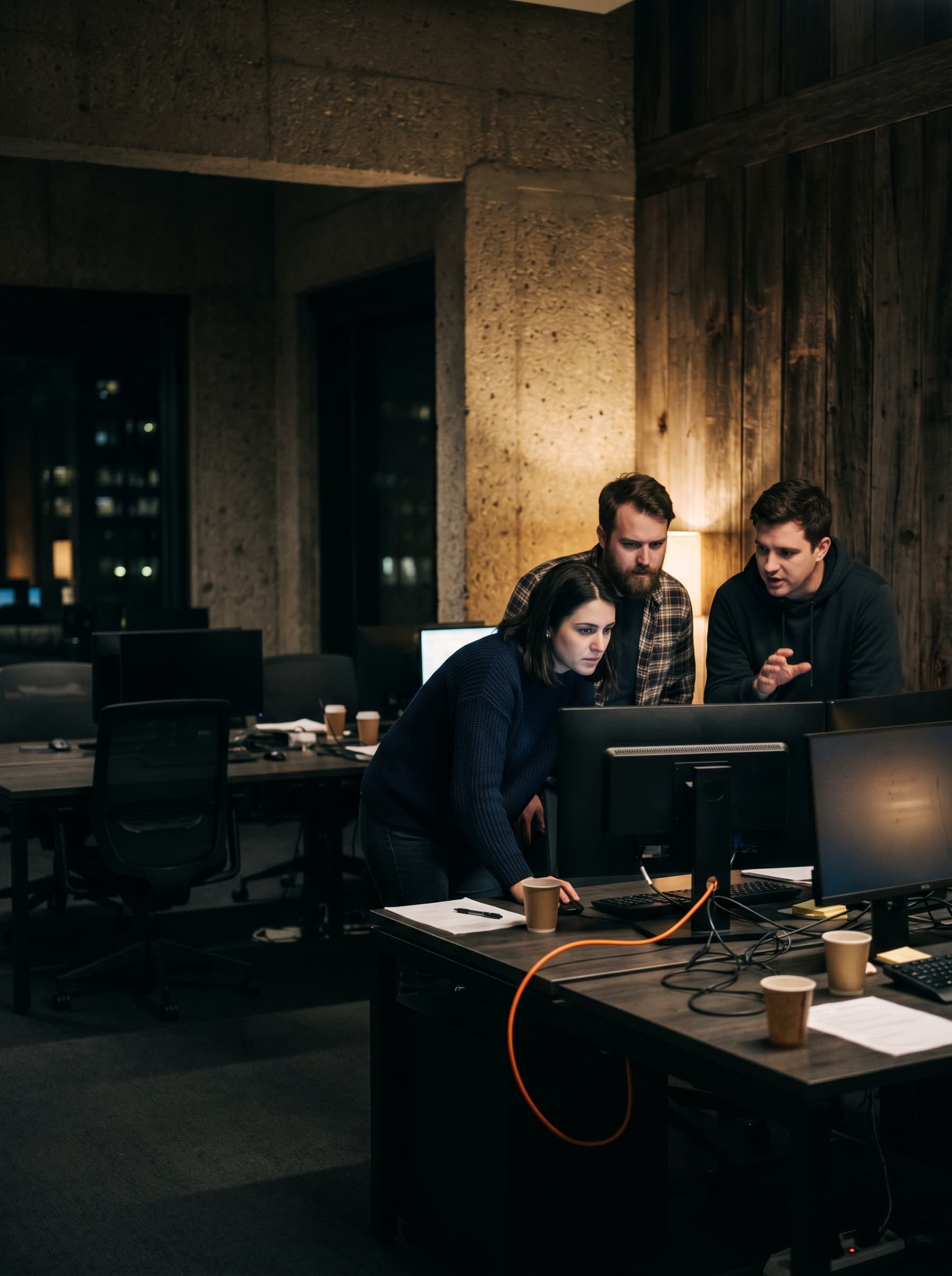 A small ByteTuned team reviewing a live system together on a monitor in the studio at night