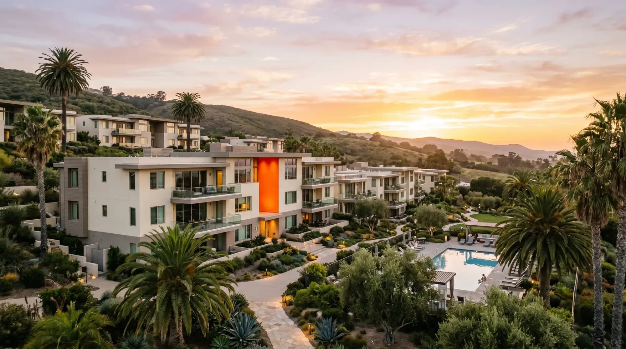 A California residential condominium community at sunset — the associations Motus Insurance covers for earthquake risk