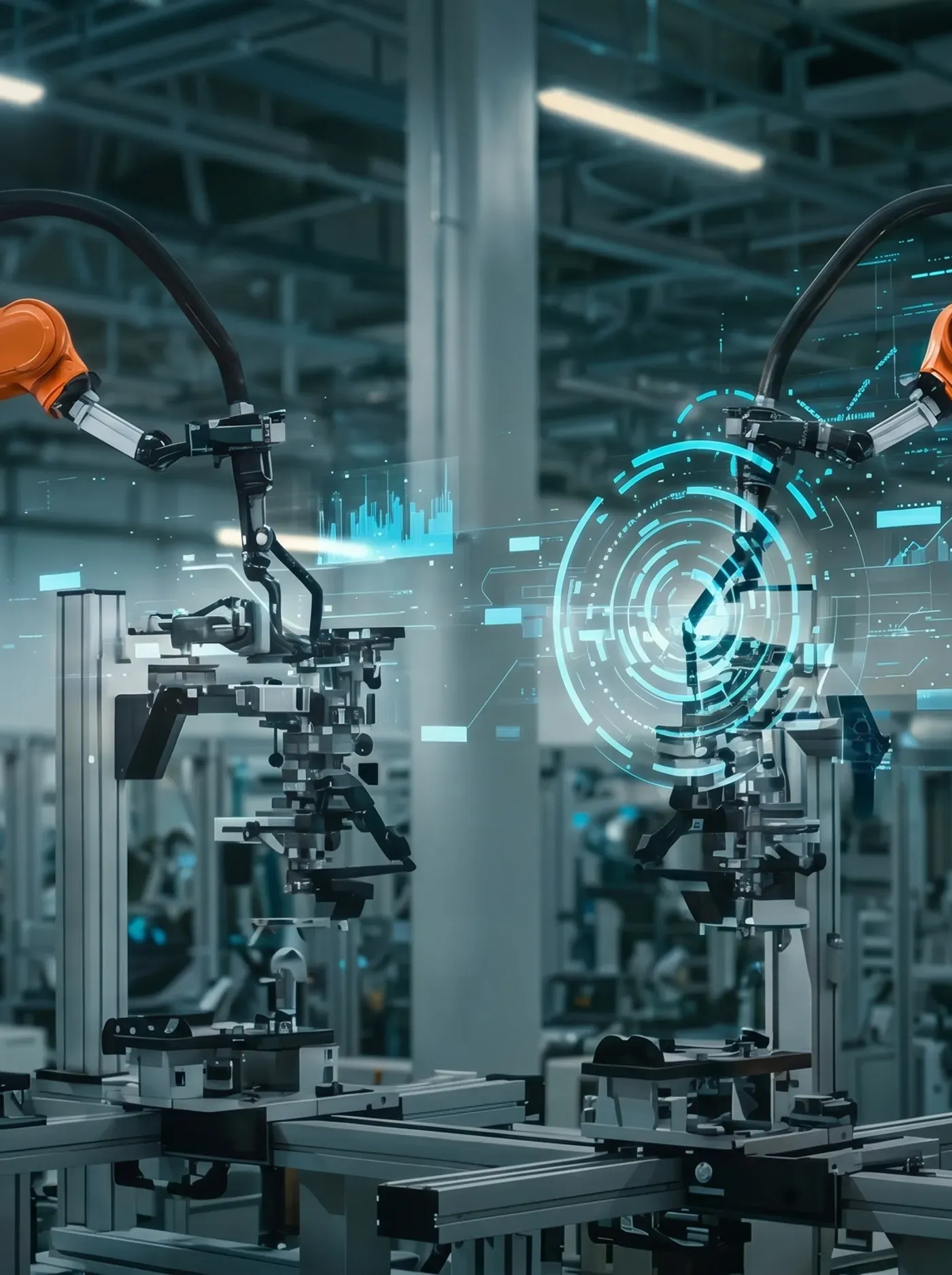 Industrial robotic arms working an automated factory assembly line — automating expensive, repetitive work end to end