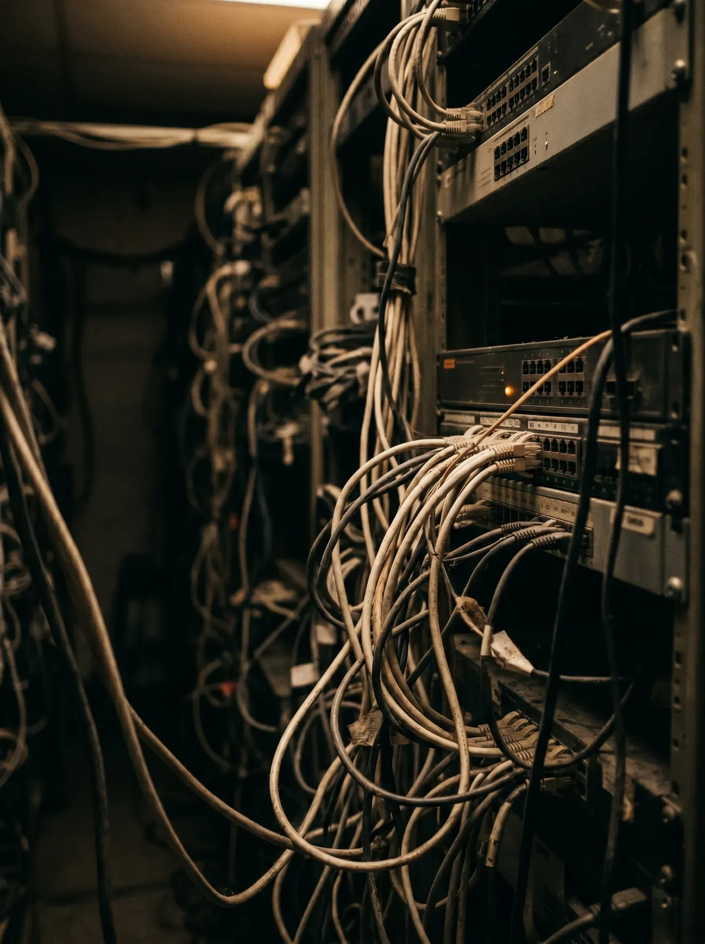 A dim legacy server room with aging equipment racks and tangled cabling — brittle infrastructure that must be modernized before AI can run on it